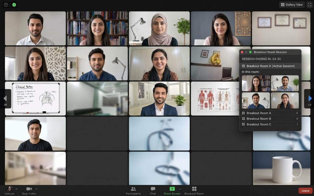 A live online CorTeach class on Zoom with doctors in gallery view